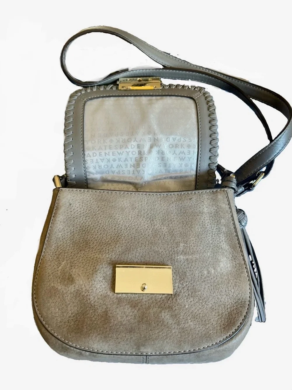 Kate Spade New York Gray Suede Leather Crossbody Saddle Bag Tassel Hardware Gold